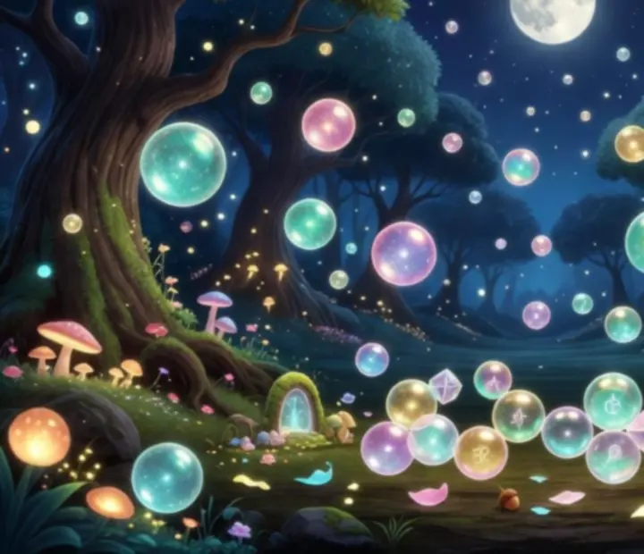 Magický noční les s měsíčním světlem a barevnými bublinami inspirovaný Bubble Witch 3 Saga