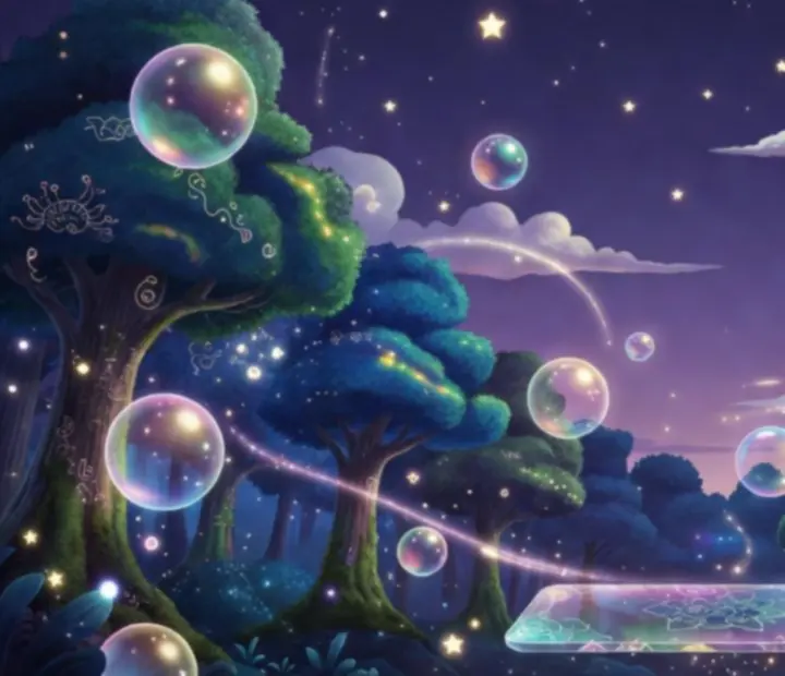 Magický noční les s barevnými bublinami inspirovaný logikou puzzle hry