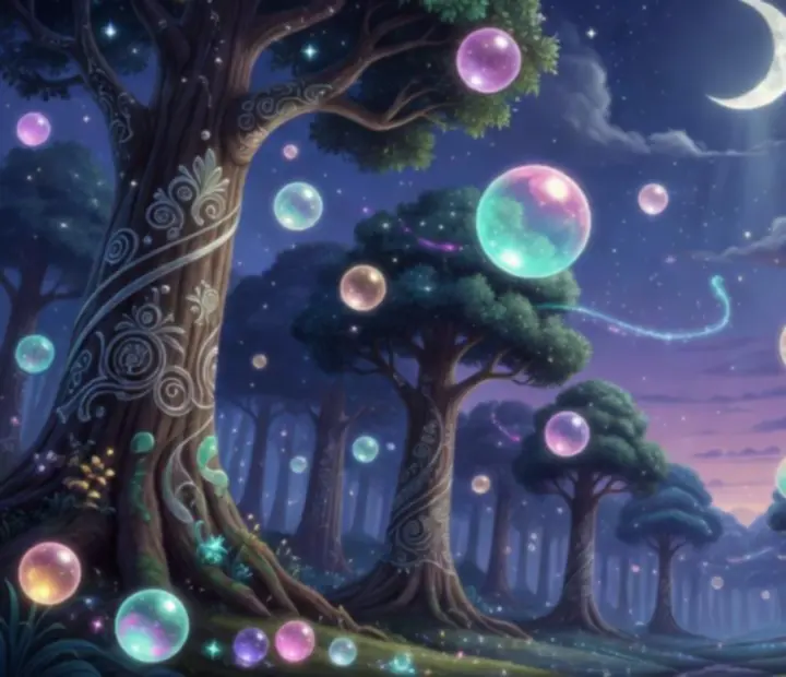Magický les s měsíčním svitem a bublinami inspirovaný Bubble Witch 3 Saga