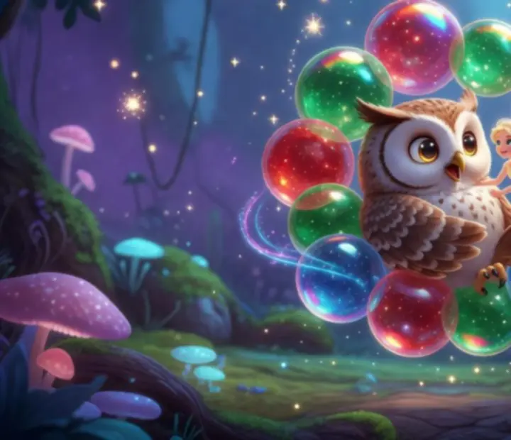 Sova a víla zachráněné mezi barevnými bublinami v magickém lese
