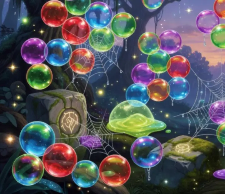 Příběhová scéna s magickými překážkami a bublinami v nočním lese