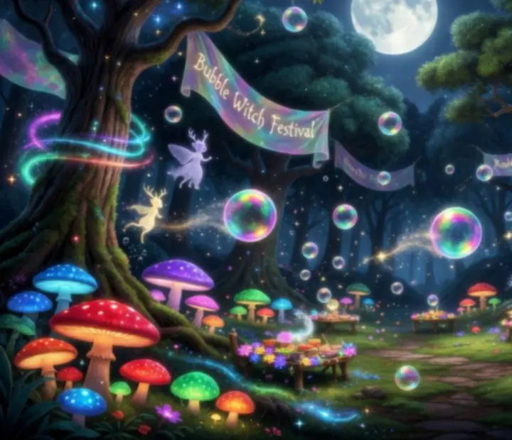 Noční magická akce s bublinami a měsíčním světlem během speciálního eventu